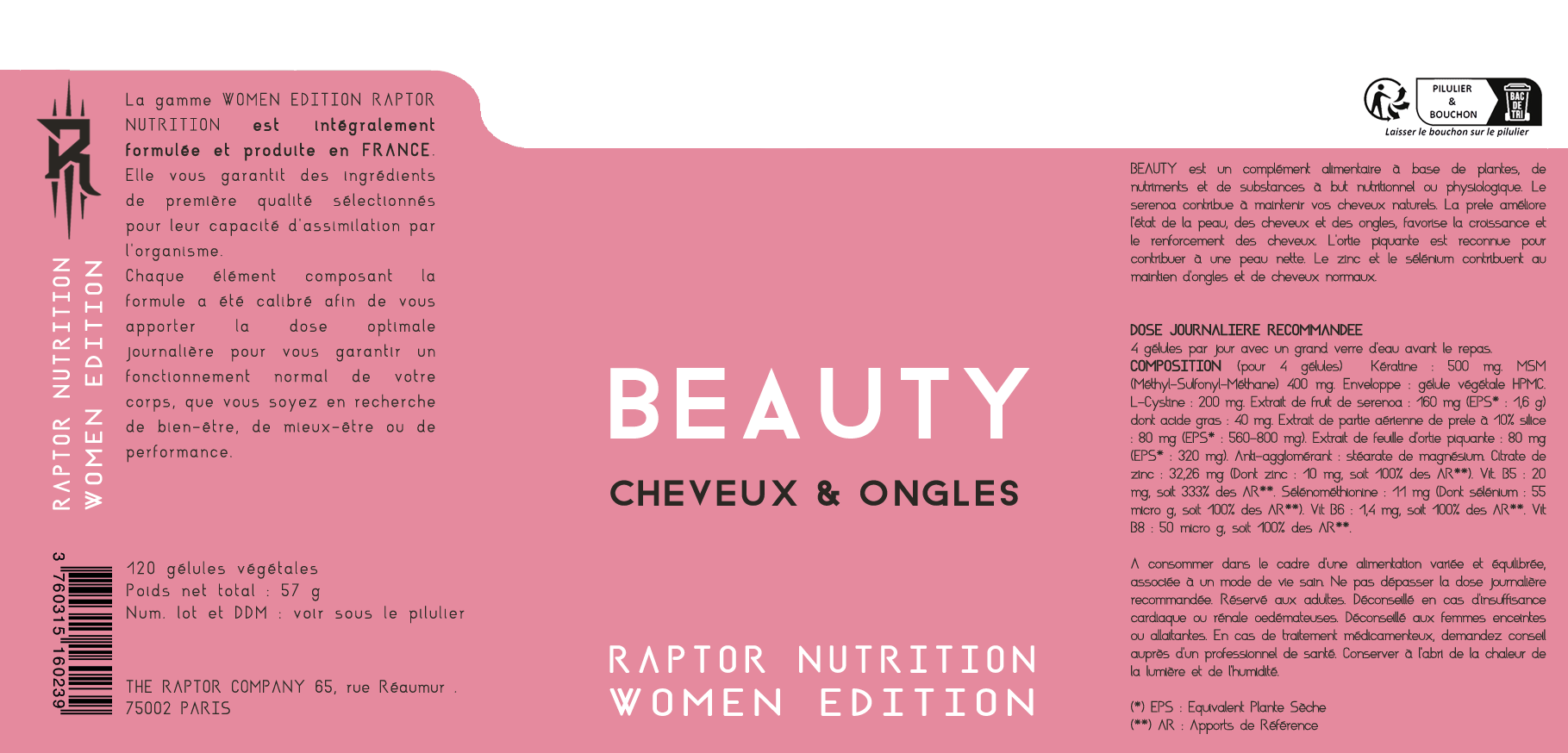 Beauty - Peau, Cheveux et Ongles supplement facts label